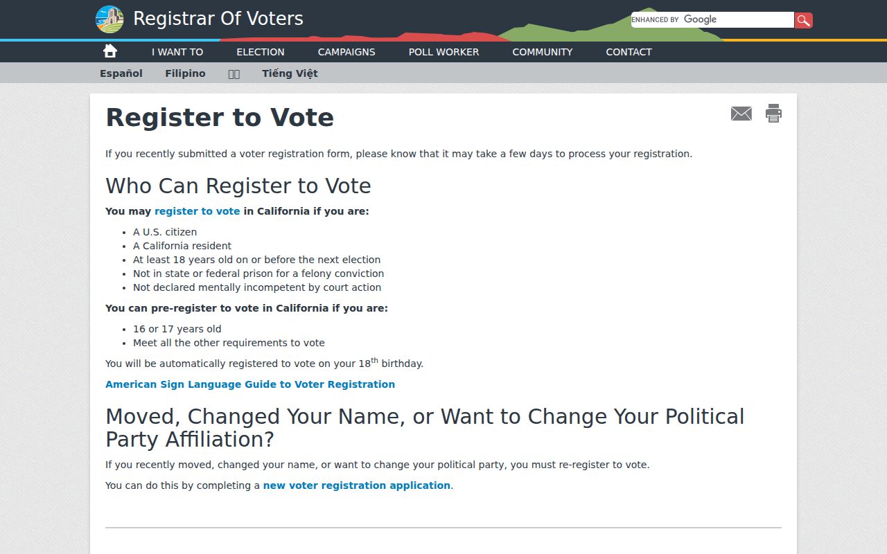 San Diego residents directory voter registration self-check entry page