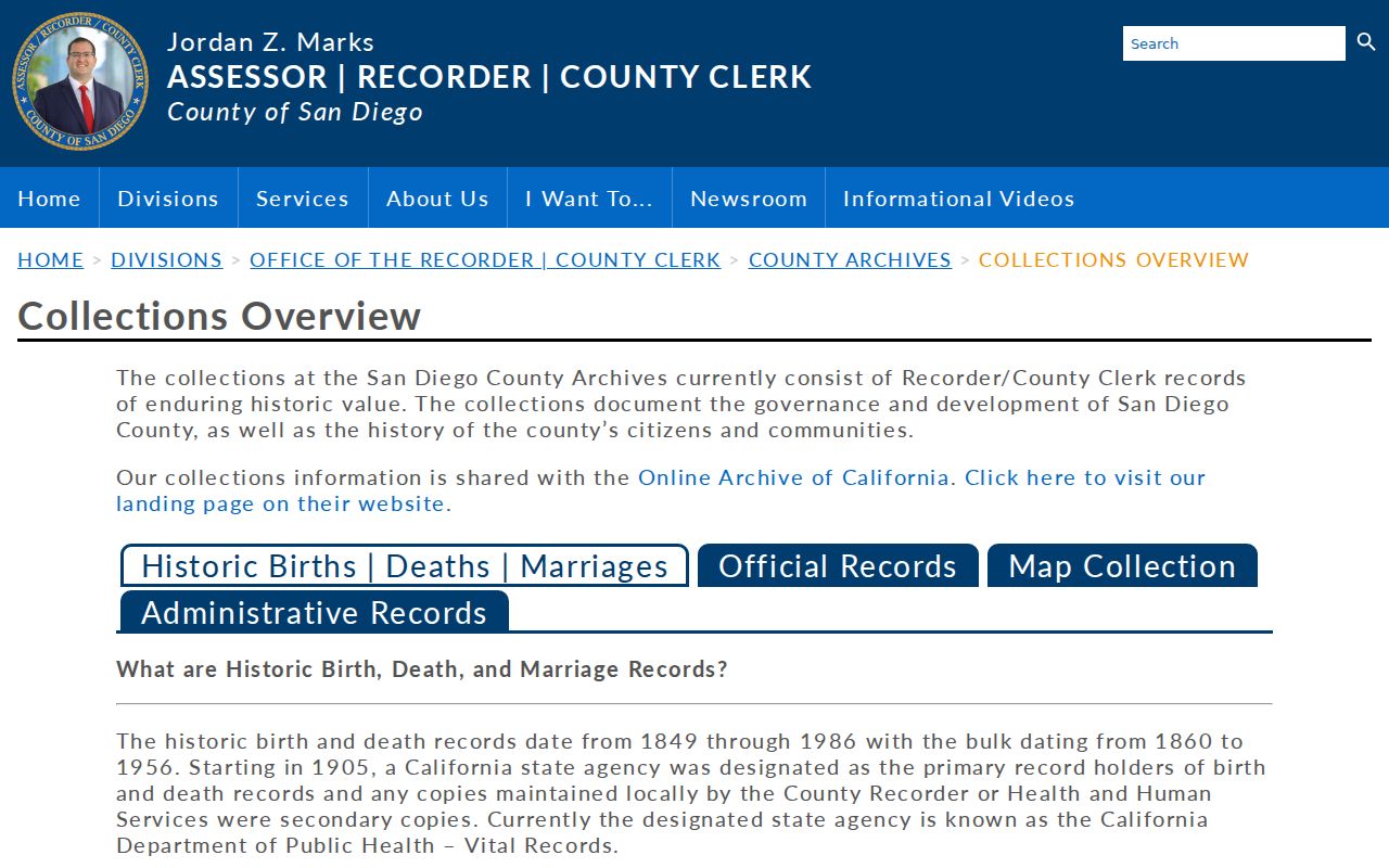 San Diego previous residents County Archives collections overview