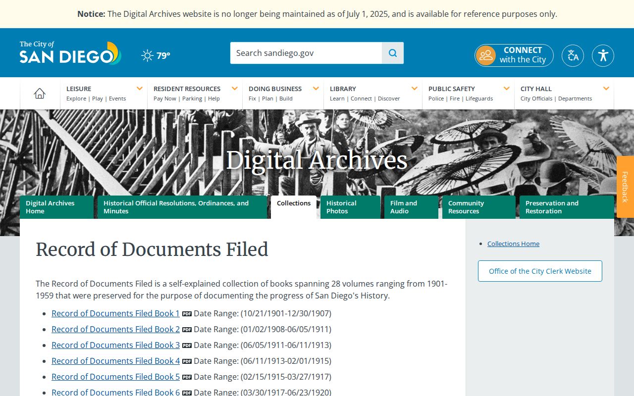 San Diego previous residents historic record of documents filed collection