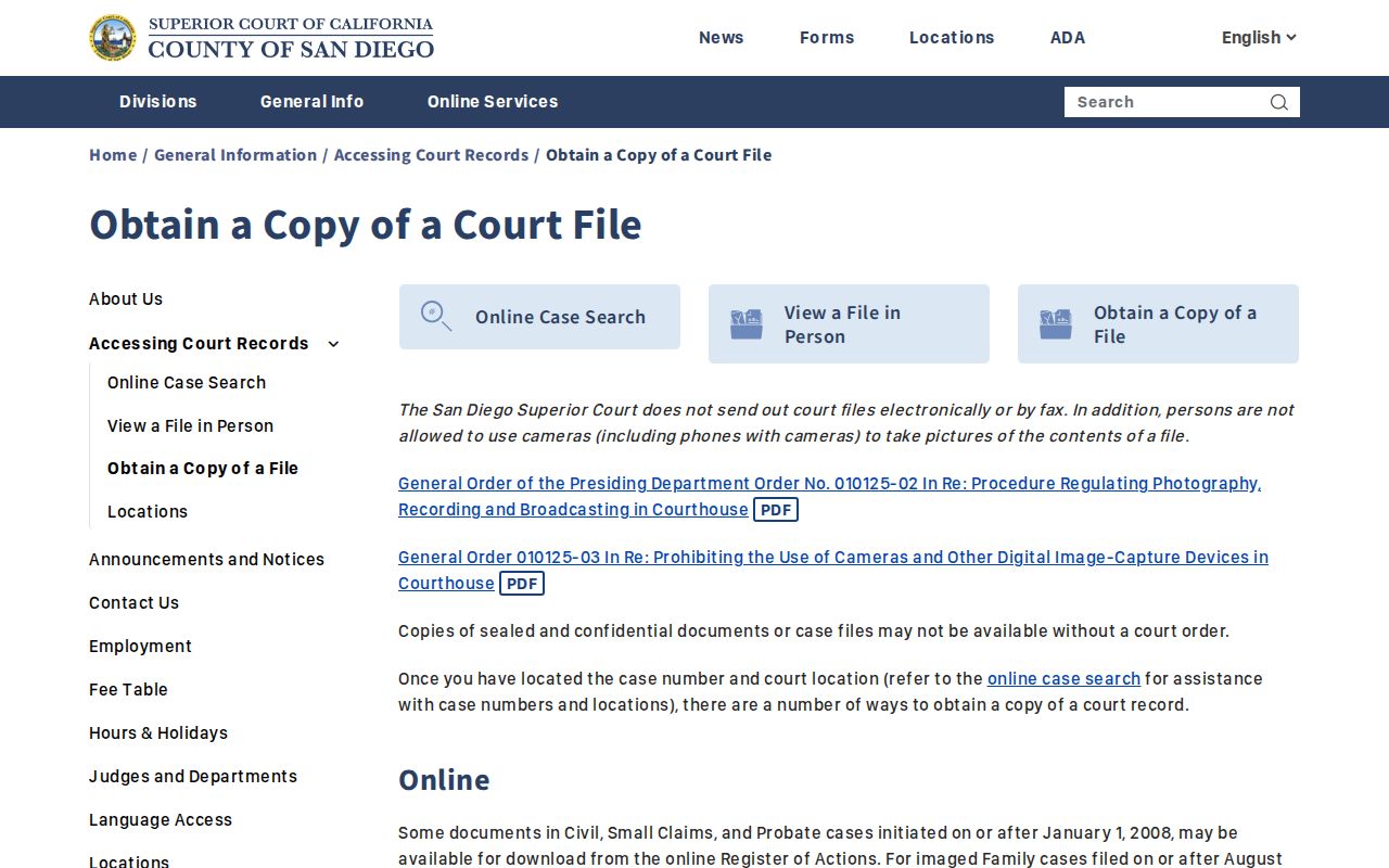 San Diego resident lookup Superior Court file access and copies