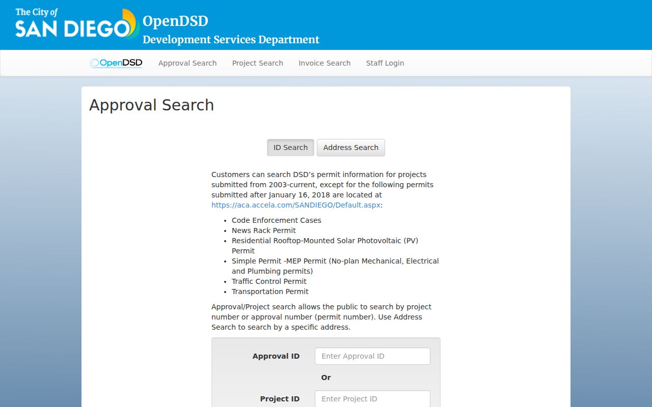 San Diego street directory permit and address search interface